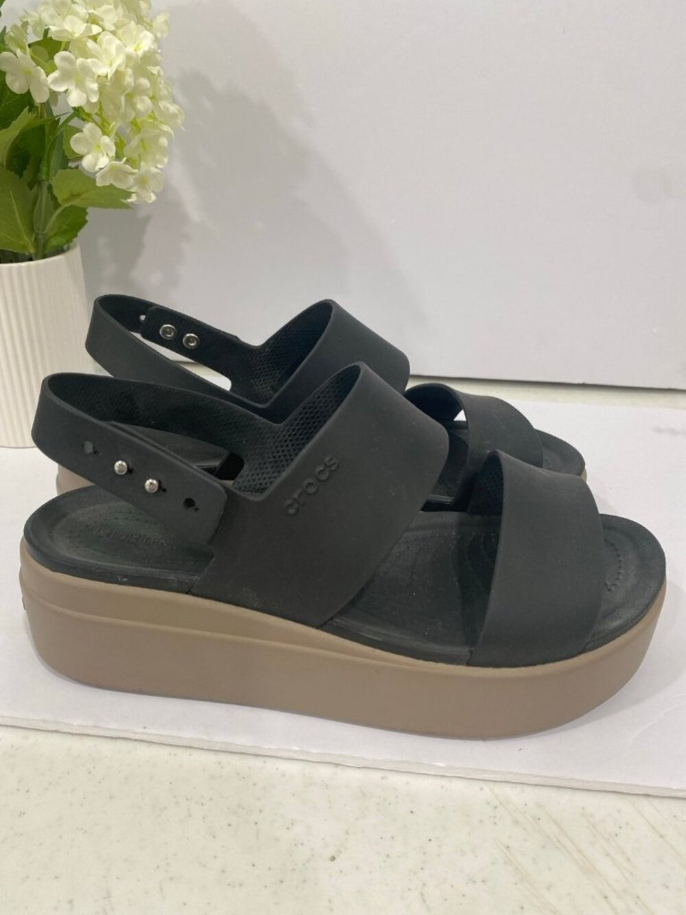 Crocs Black Tan “Brooklyn” Low Wedge Sandals Size 7 M